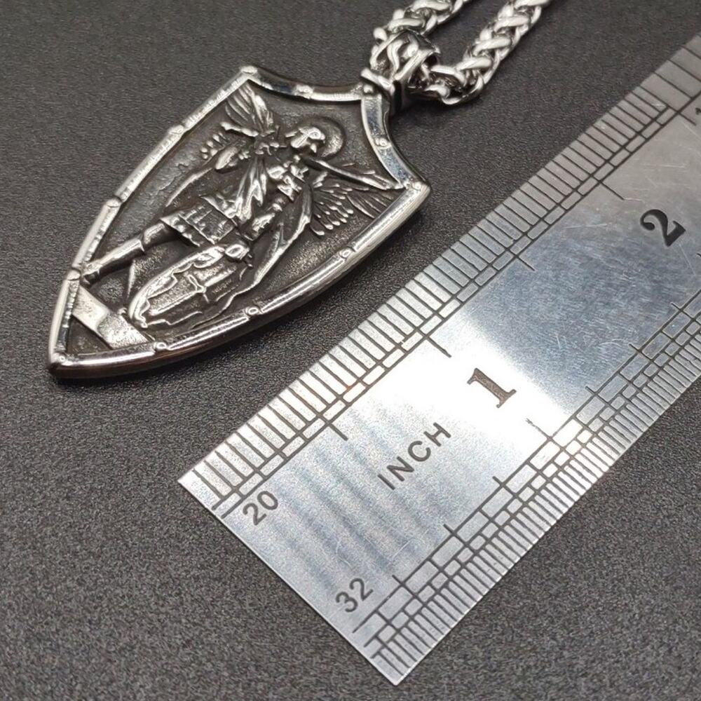 Archangel Saint Michael Necklace Sword Shield Stainless Catholic Christian NEW